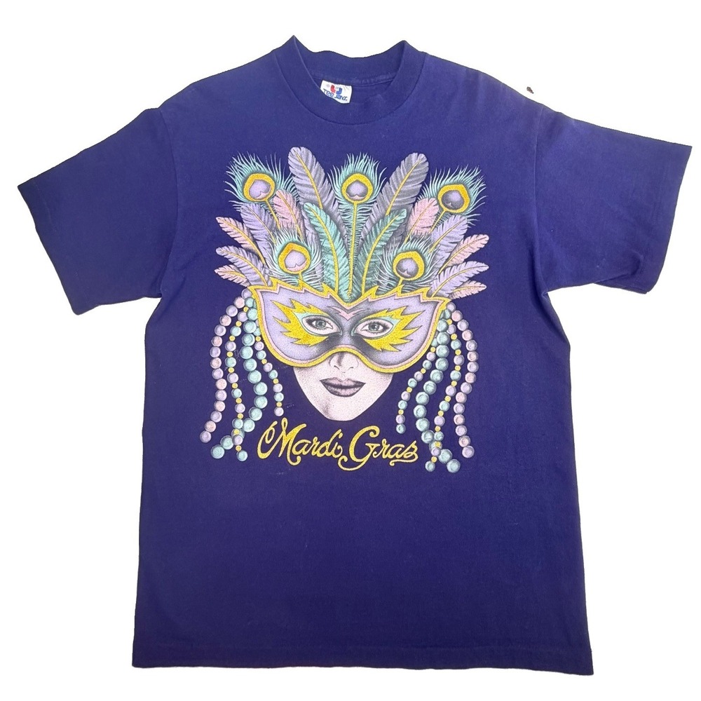 Vintage 90s Mardi Gras Mask T-Shirt Large Tee Jays USA Single Stitch Purple
